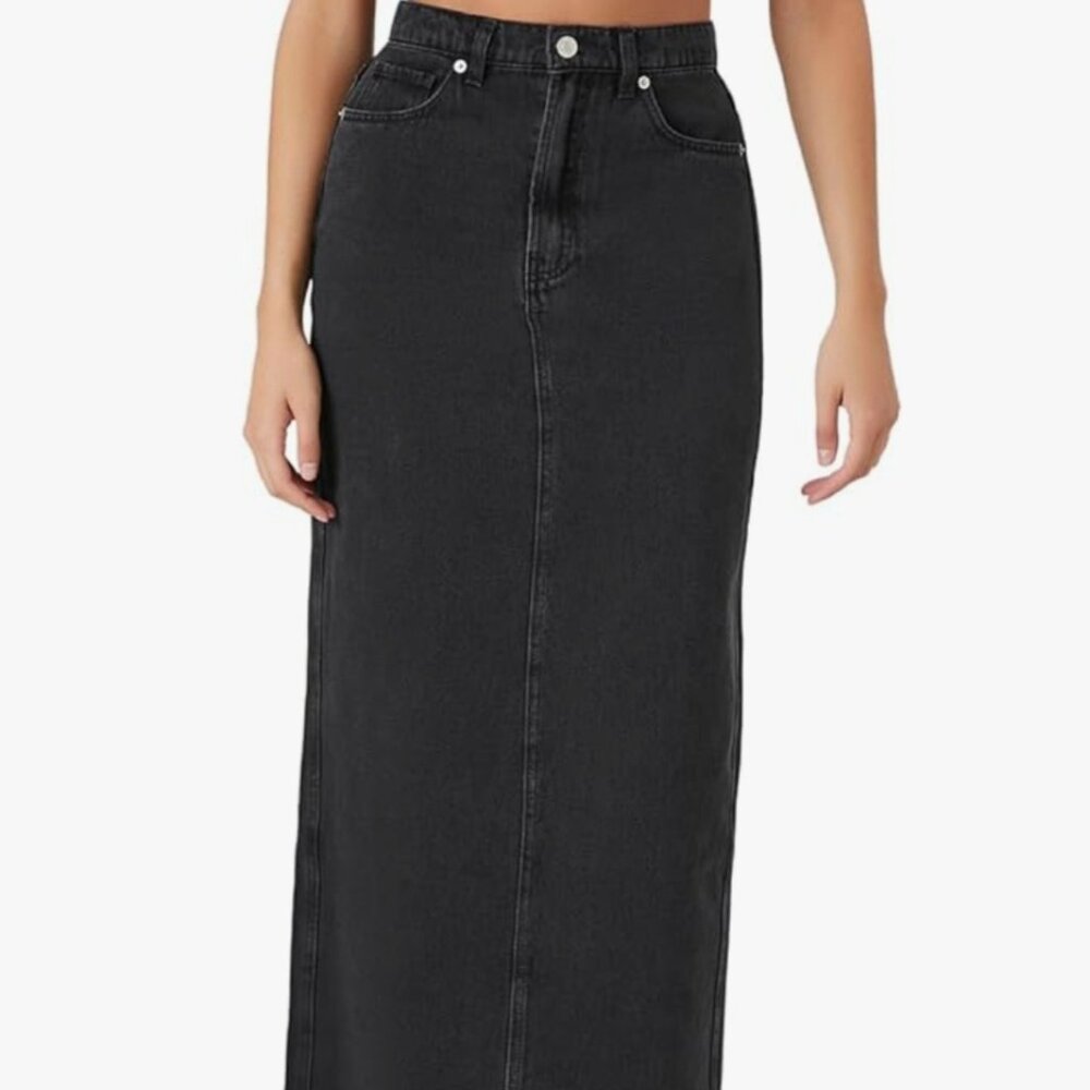 Forever 21 Women's Denim Midi Slit Skirt Black Cotton Size M